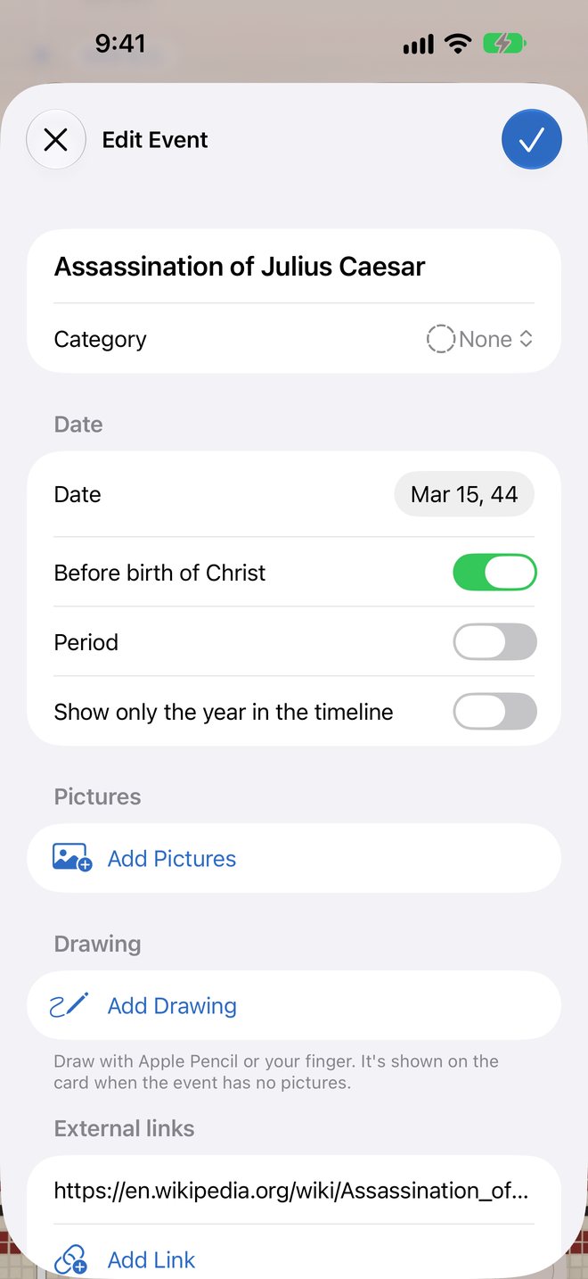 The event editor for the assassination of Julius Caesar with the Before birth of Christ switch turned on