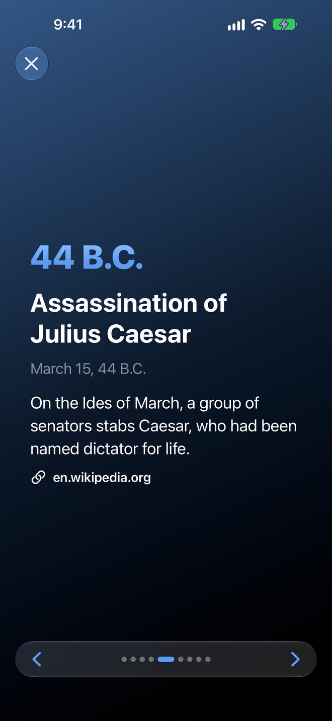 A full-screen slide for the assassination of Julius Caesar, March 15, 44 B.C.