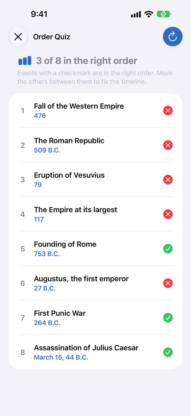 The order quiz result, 3 of 8 in the right order, with checkmarks next to the correct events