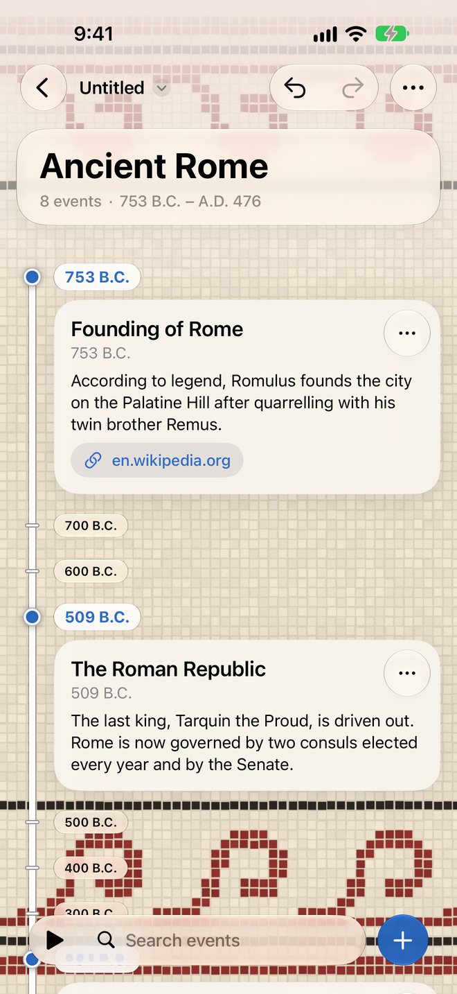 A vertical timeline on iPhone with the founding of Rome in 753 B.C. and the Roman Republic in 509 B.C.