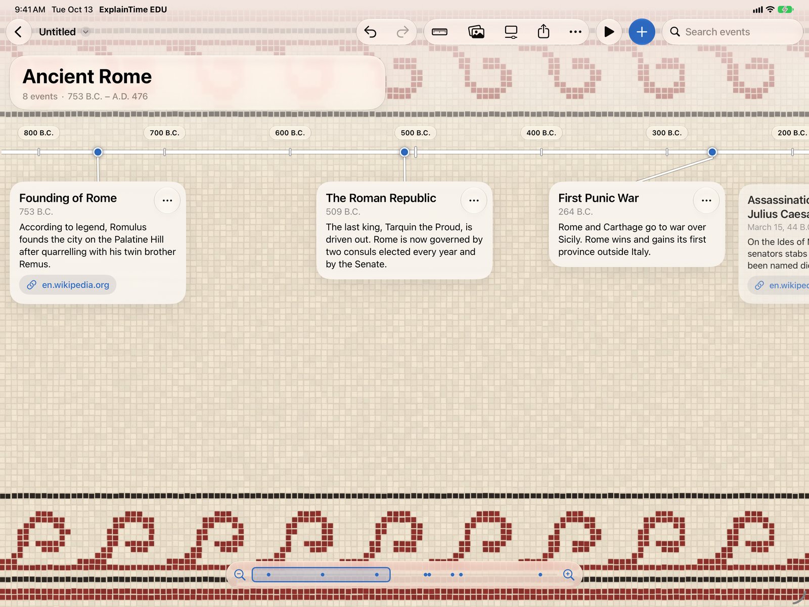 The To Scale layout on iPad, with year markers every hundred years and events placed by their real dates
